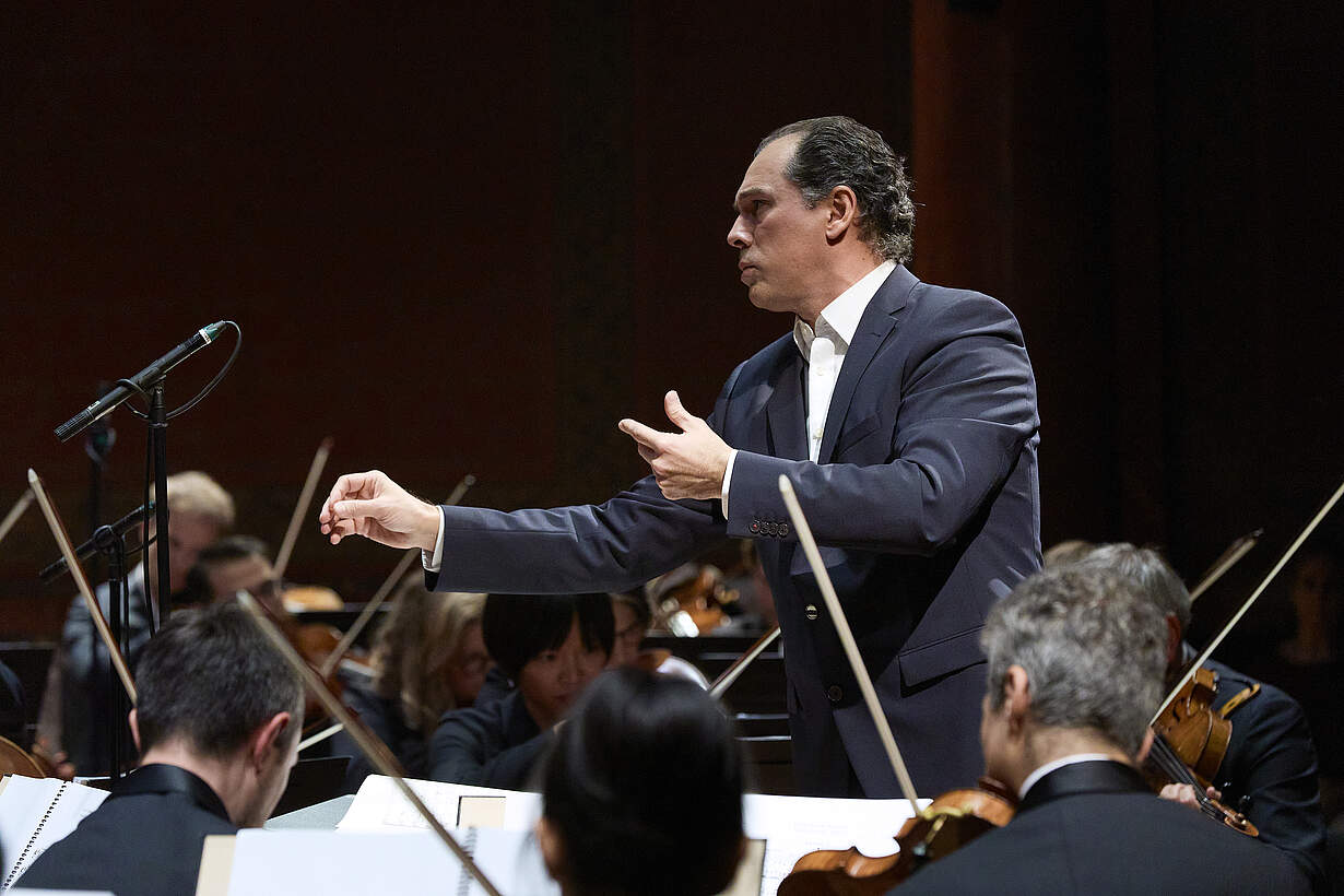 Conductor Tugan Sokhiev at the opening concert of the Orchestre de la Suisse Romande's 2024-25 musical season, at the Victoria Hall in Geneva