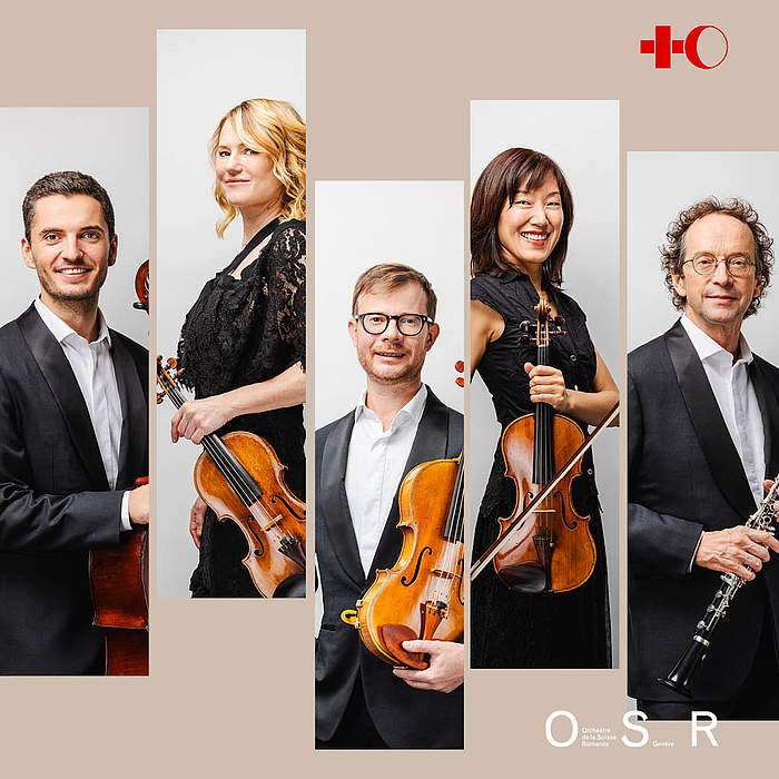 Affiche web du Concert solidaire du Musée International de la Croix-Rouge et du Croissant-Rouge avec les photos des cinq musiciennes et musiciens de l'Orchestre de la Suisse Romande