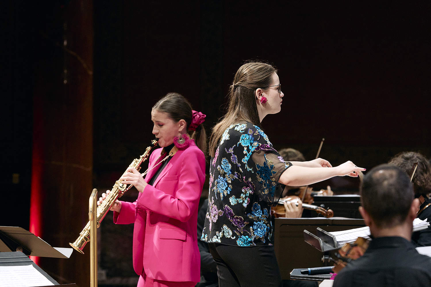 Aldo's Carnival family concert with conductor Zofia Kiniorska and saxophonist and artist in residence with the Orchestre de la Suisse Romande Valentine Michaud, playing on the Victoria Hall stage.